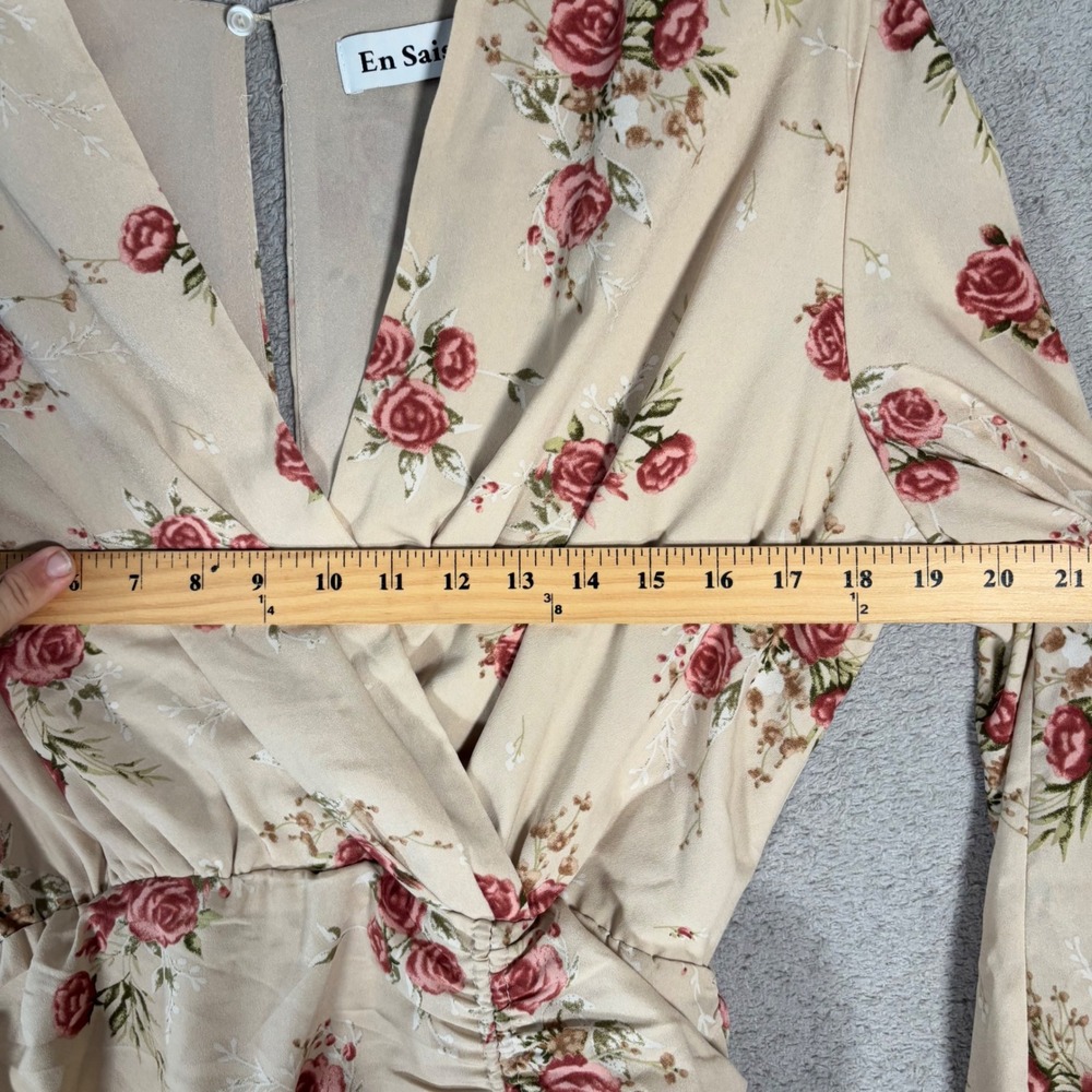 En Saison Floral Ruched Wrap Mini Dress Women's Size M‎ Beige Red Anthropologie - Picture 13 of 15